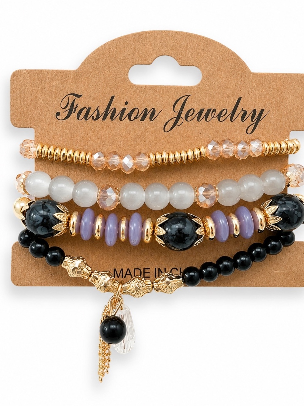 Black Lavender Gold Beaded Bracelet Stack Set Crystal Charm Boho Stretch Gift